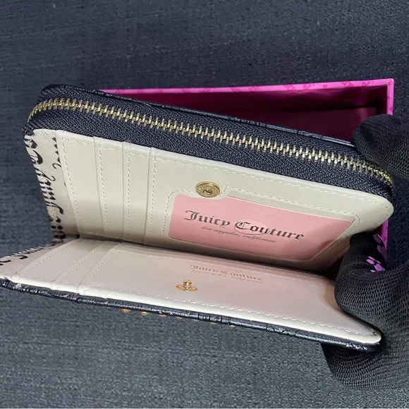 Juicy Couture Black Faux Leather Gold Bifold Beaded Heart Wallet Zipper NEW NWT - Picture 10 of 14